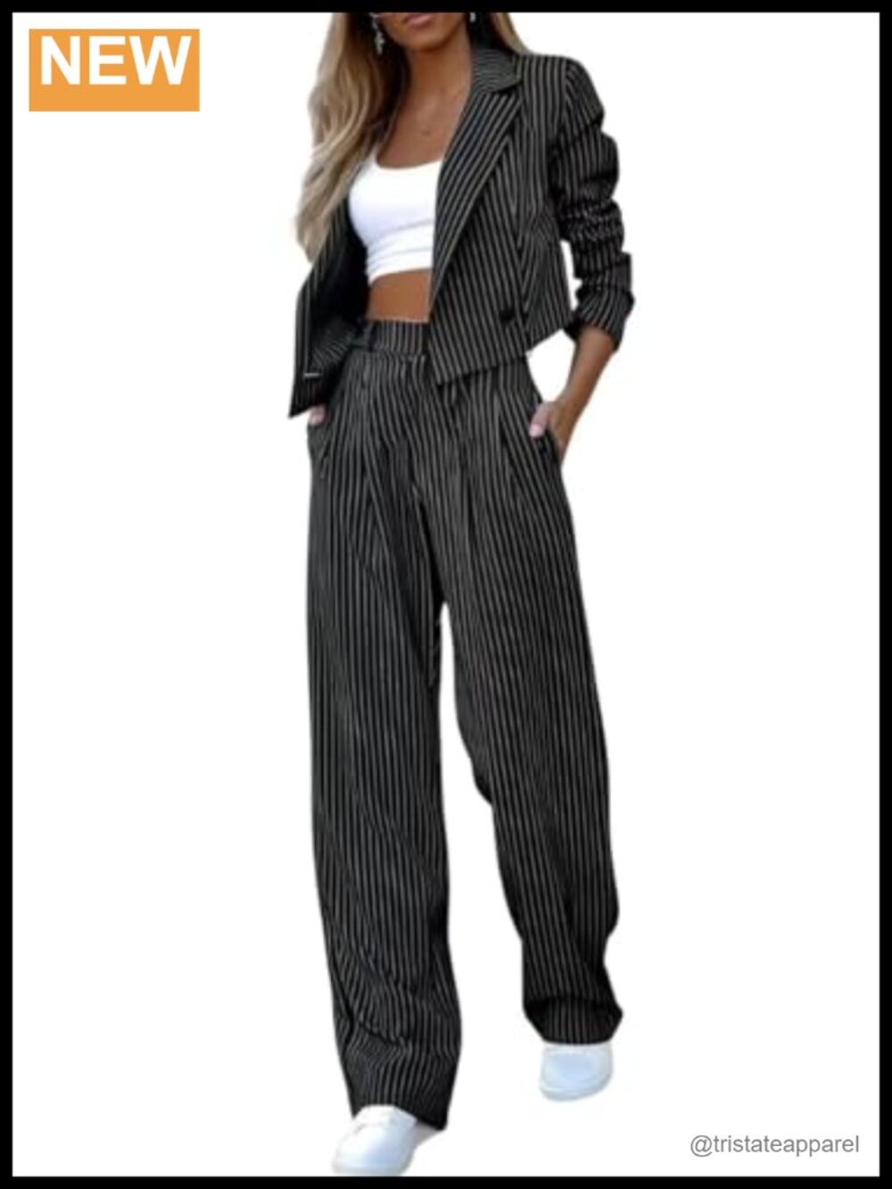 Womens 2 Piece Blazer Set Striped Cropped Jacket Wide Leg Trousers Business Suit